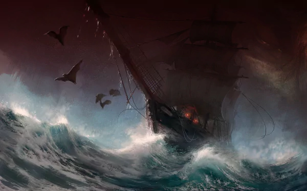 Dark fantasy HD desktop wallpaper depicting a ghostly ship riding towering waves, swarmed by ominous bats under a stormy sky.
