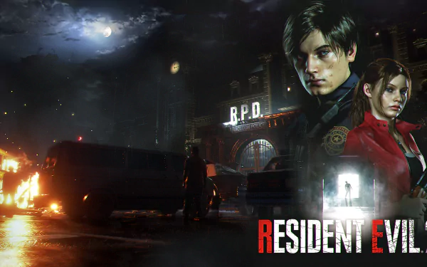 4K Ultra HD wallpaper featuring characters from the horror video game Resident Evil 2 (2019) against a dark, eerie cityscape background with glowing B.P.D. sign.