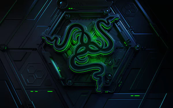 HD desktop wallpaper showcasing a Razer logo with a sleek, futuristic design featuring glowing green accents on a dark, technology-themed background.