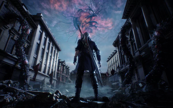 HD desktop wallpaper featuring Nero from the video game Devil May Cry 5, standing in the middle of a desolate city street with a dramatic and dark sky in the background.