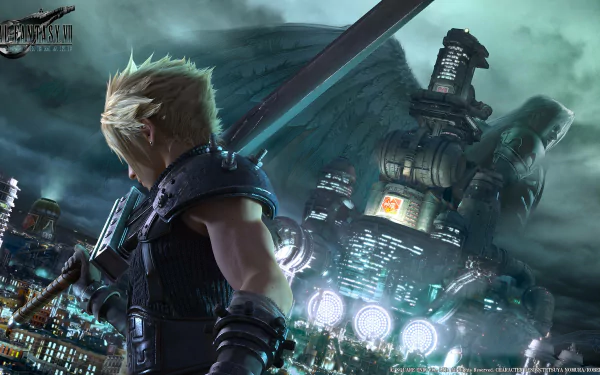 HD desktop wallpaper featuring Cloud Strife from Final Fantasy VII Remake, with Sephiroth's silhouette looming over a cityscape. The image showcases the iconic characters from the epic video game.