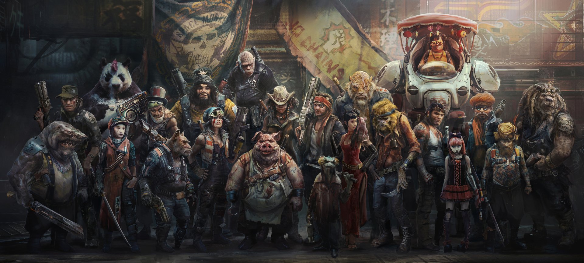 Beyond Good & Evil 2 2K Quad HD PC desktop wallpaper: a diverse sci‑fi crew—humans and anthropomorphic animals—posing in a gritty, neon market alley.
