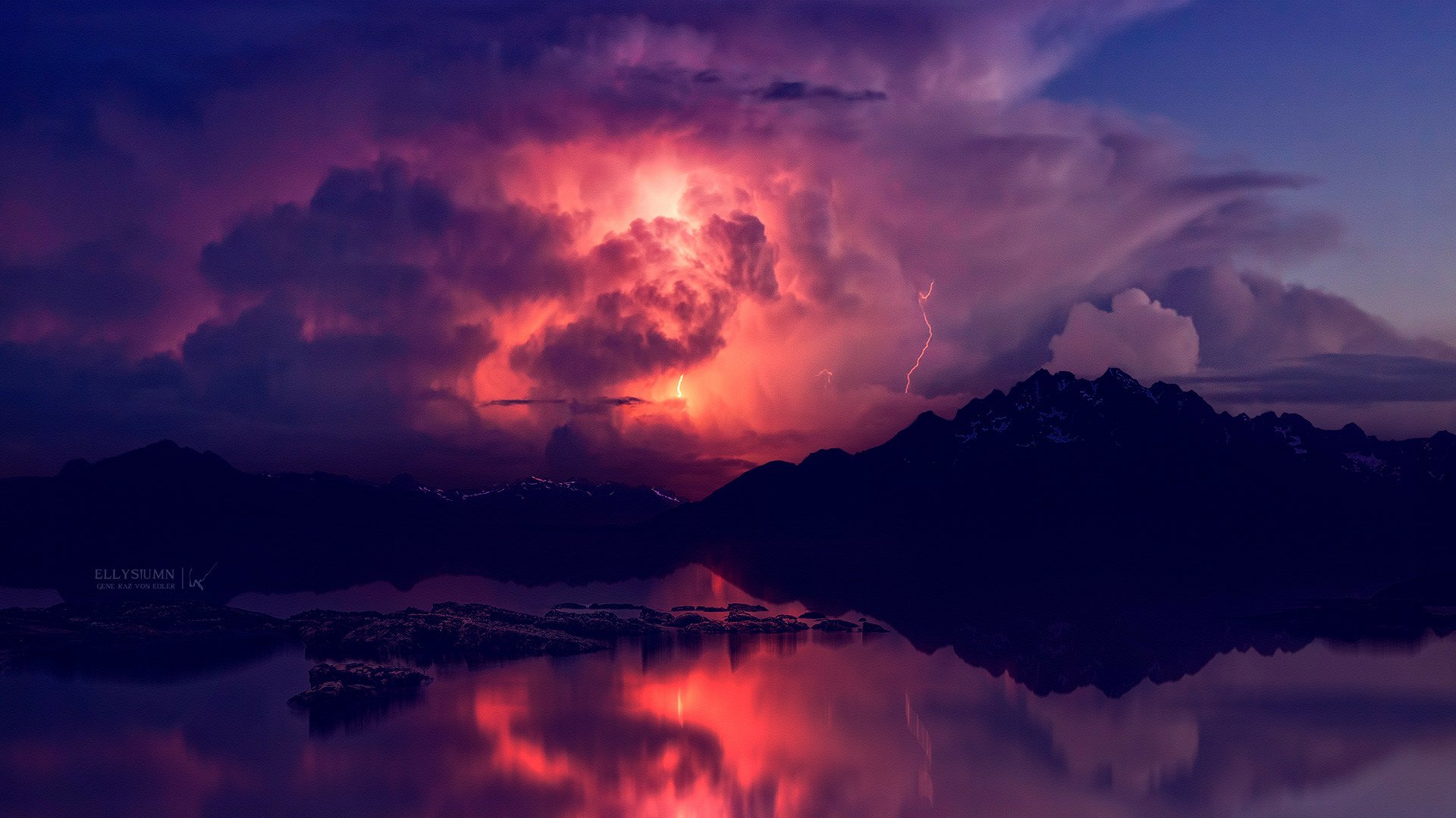 A vivid fantasy landscape with glowing clouds and lightning over dark mountains, reflected on a calm lake, designed as an HD PC desktop wallpaper background.