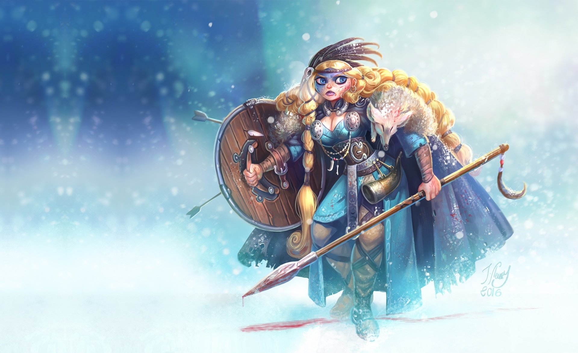Blonde Viking woman warrior with blue eyes, long braided hair, holding a spear and shield, standing in a snowy fantasy landscape.