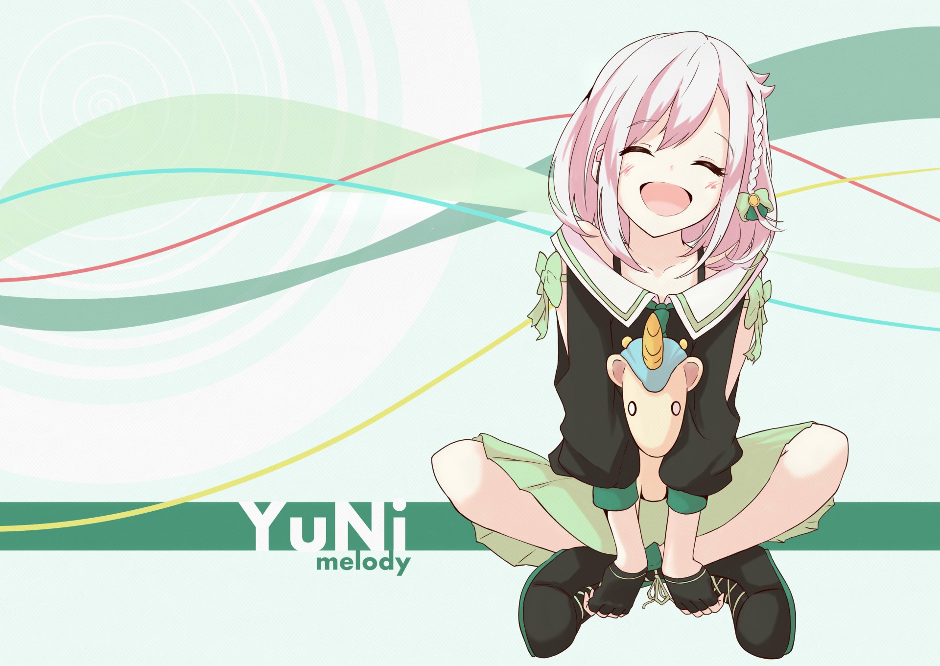 Anime Virtual YouTuber YuNi: pink-haired girl smiling, sitting cross-legged on a speaker holding a small plush against a pastel wavy background. 2K Quad HD PC desktop wallpaper.