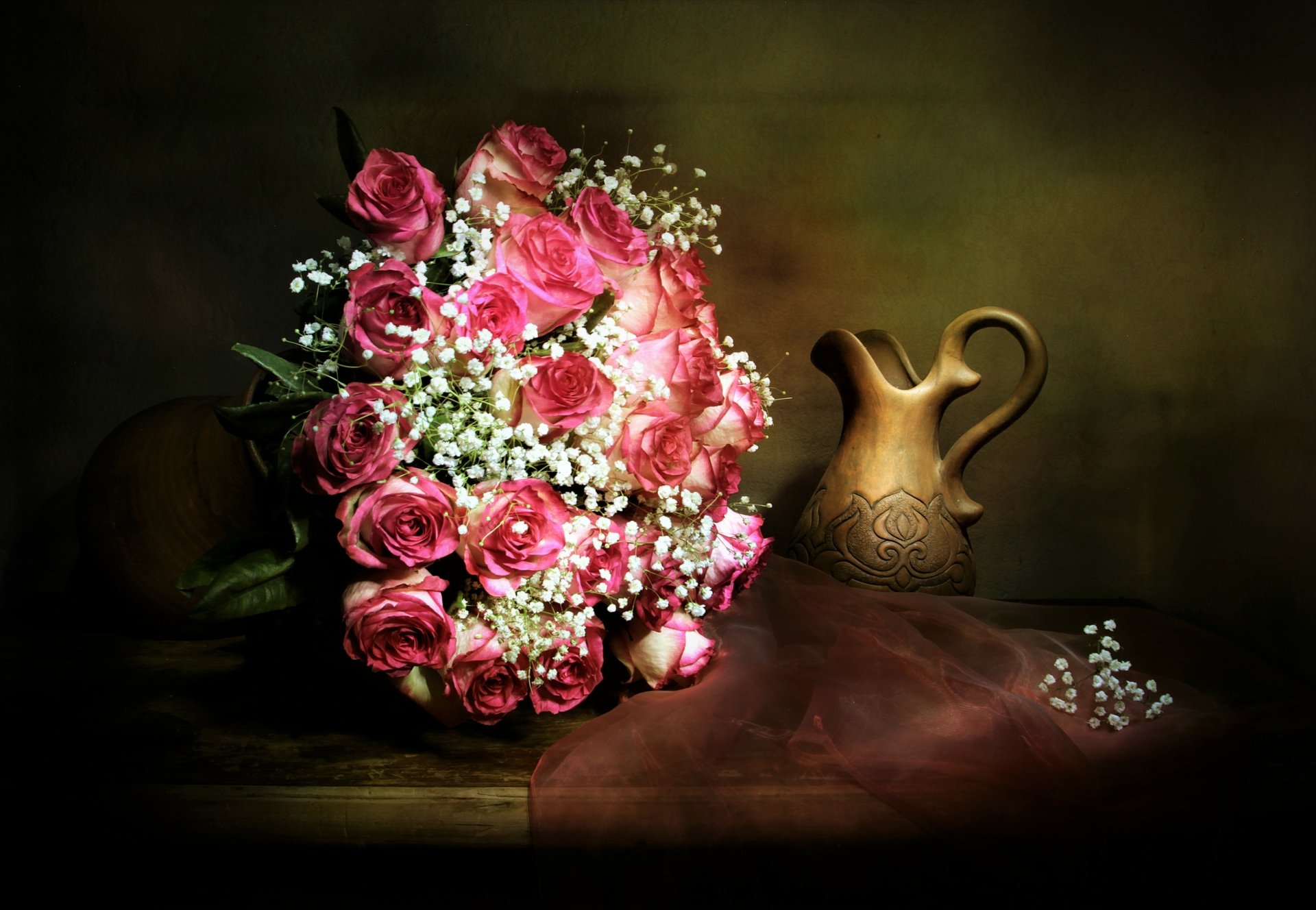 Download Pink Flower Baby's Breath Rose Bouquet Pitcher Vase Flower Photography Still Life 4k Ultra HD Wallpaper