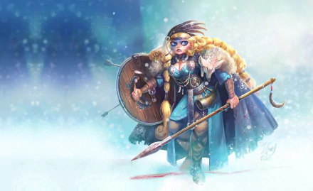 Blonde Viking woman warrior with blue eyes, long braided hair, holding a spear and shield, standing in a snowy fantasy landscape.