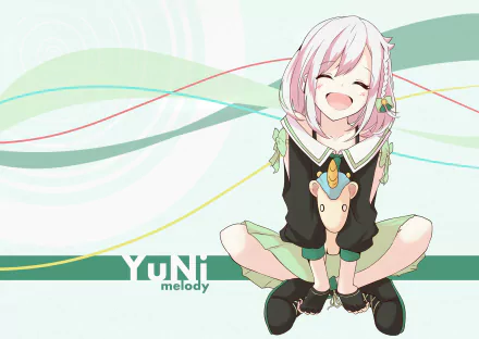 Anime Virtual YouTuber YuNi: pink-haired girl smiling, sitting cross-legged on a speaker holding a small plush against a pastel wavy background. 2K Quad HD PC desktop wallpaper.