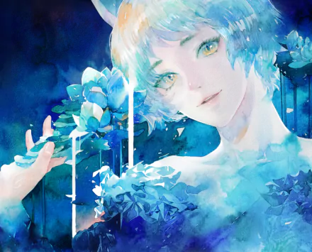 HD anime original wallpaper of a short-haired character with blue hair, yellow eyes, and a gentle smile, surrounded by blue flowers in a vibrant, dreamy setting.