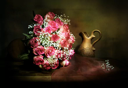 pink flower baby's breath rose bouquet pitcher vase flower photography still life HD Desktop Wallpaper | Background Image