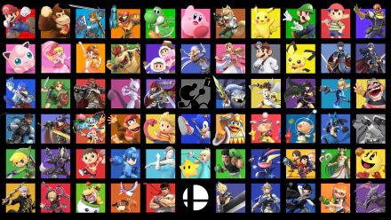 HD desktop wallpaper featuring a colorful character selection screen from the video game Super Smash Bros. Ultimate. Characters are displayed in rows, showcasing the diverse roster from the game.