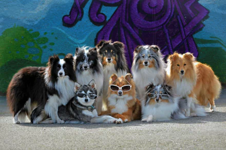 A group of Alaskan Klee Kai and Shetland Sheepdogs, some wearing sunglasses, posing in front of a vibrant mural, captured in 4K Ultra HD as a desktop wallpaper.