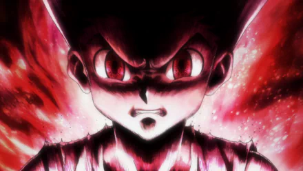 HD wallpaper of Gon Freecss from Hunter x Hunter, displaying an intense rage with glowing red background, emphasizing his angry expression.