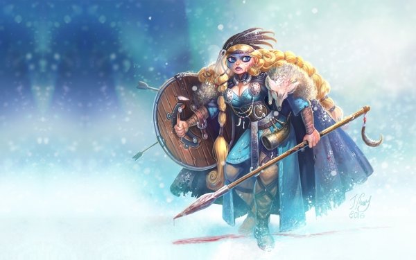 Fantasy Viking Woman Warrior Blonde Long Hair Spear Braid Snowfall Shield Blue Eyes HD Wallpaper | Background Image