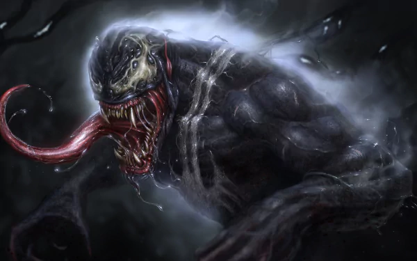 HD desktop wallpaper featuring Venom, the iconic comic character, with an intense, menacing expression and a dark, atmospheric background.