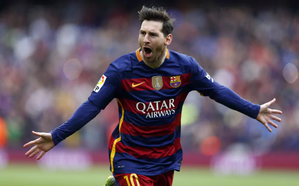 HD desktop wallpaper of Argentinian soccer player Lionel Messi celebrating a goal in a vibrant stadium, wearing a FC Barcelona jersey.