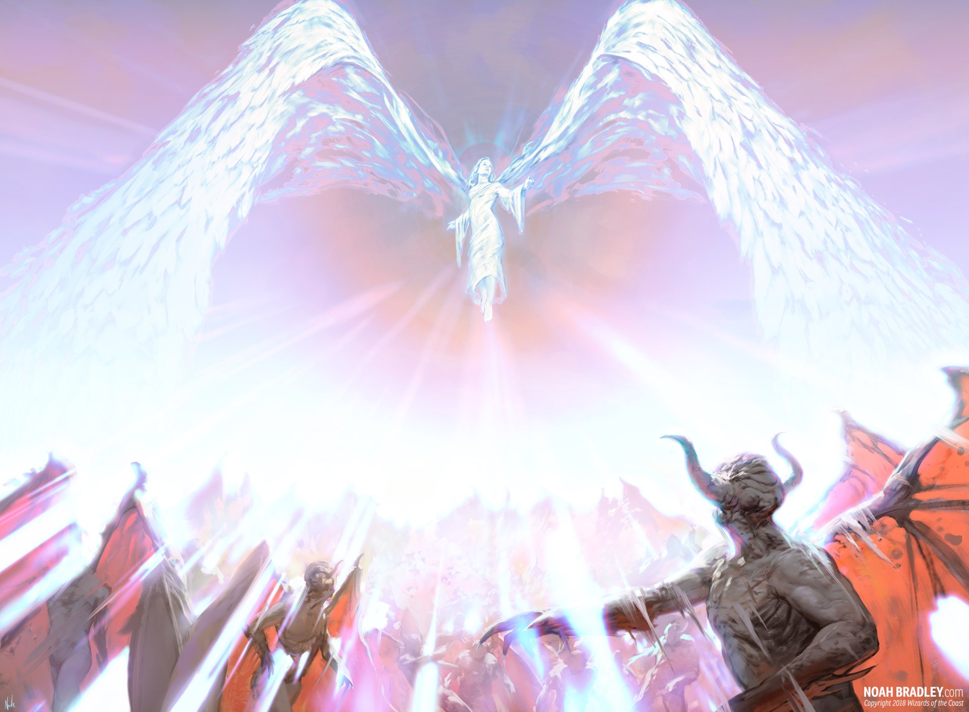HD Magic: The Gathering desktop wallpaper featuring a radiant winged figure soaring above a horned demon-like statue with dramatic lighting and mystical aura.