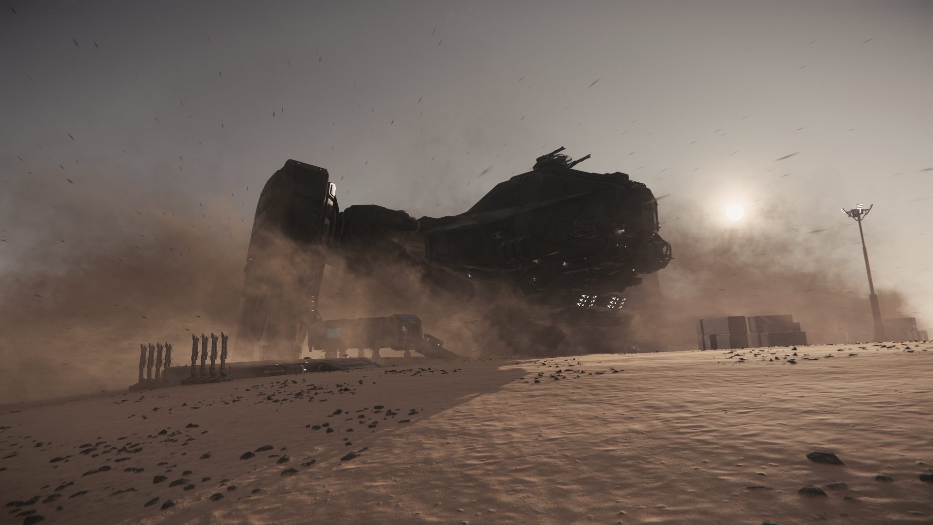 Reclaimer (Star Citizen) lands in a dusty desert at sunset, kicking up sand — cinematic 4K Ultra HD PC desktop wallpaper and background from the Star Citizen video game.