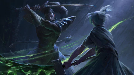 HD PC desktop wallpaper featuring Riven and Yasuo from the video game League of Legends in an intense, dynamic battle scene.