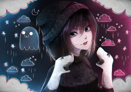 HD anime-style original artwork of a girl wearing a beanie and gloves, surrounded by whimsical cloud and ghost illustrations, designed as a PC desktop wallpaper.