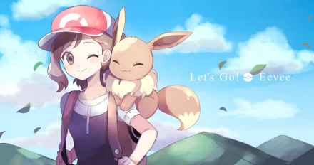 HD wallpaper of Elaine and Eevee from Pokémon Let's Go Eevee, featuring a scenic backdrop with rolling hills and blue sky. Text reads Let's Go! Eevee in the background.