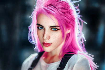 HD desktop wallpaper of a woman with vibrant pink hair, striking blue eyes, freckles, and bold lipstick, showcasing a captivating close-up portrait.