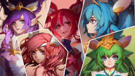 HD PC desktop wallpaper featuring Star Guardians Lulu, Janna, Jinx, Poppy, and Lux from the video game League of Legends in vibrant, dynamic poses.