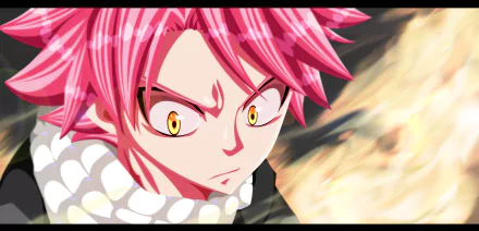 HD PC desktop wallpaper of Natsu Dragneel (Anime: Fairy Tail) — close-up of his intense gaze, pink hair, and swirling flames in the background.