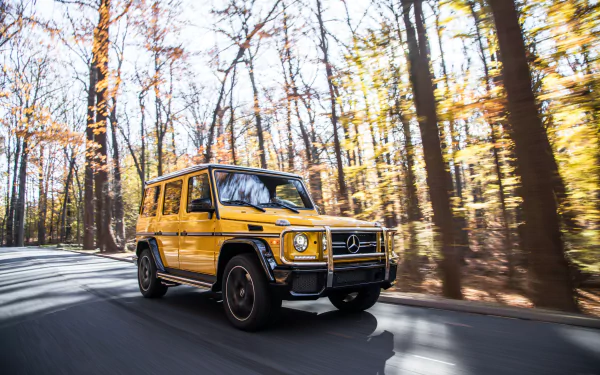 Yellow Mercedes-AMG G 63 SUV driving through a sunlit forest road, captured in a sharp 4K Ultra HD desktop wallpaper.