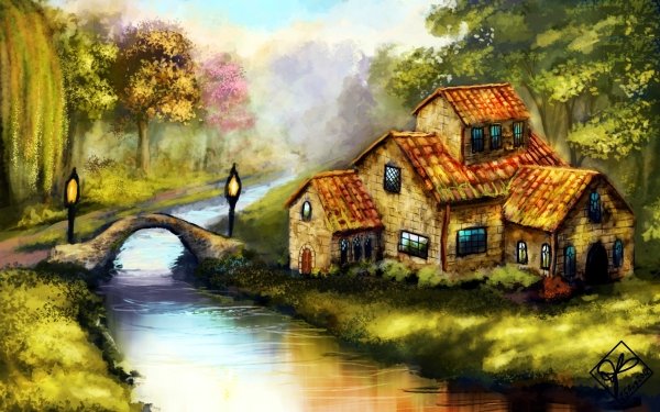 Artistic Painting Cottage House River Bridge HD Wallpaper | Background Image