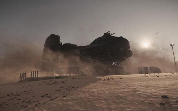Reclaimer (Star Citizen) lands in a dusty desert at sunset, kicking up sand — cinematic 4K Ultra HD PC desktop wallpaper and background from the Star Citizen video game.