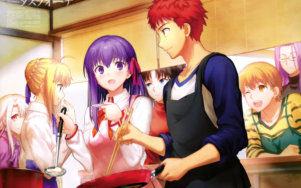 Anime-style 4K Ultra HD wallpaper featuring Fate/stay night characters including Rin Tohsaka, Rider, Sakura Matou, Illyasviel, Taiga Fujimura, Saber, Shirou Emiya, and Artoria Pendragon in a kitchen scene.