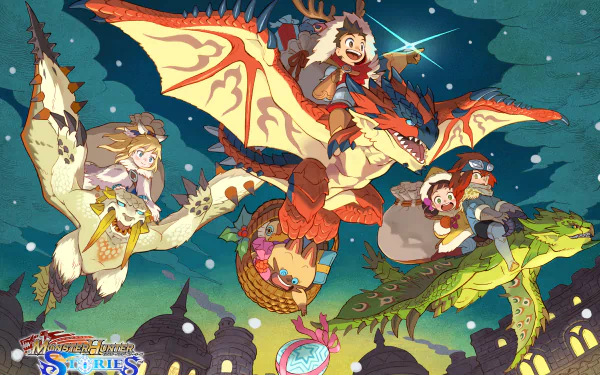 Anime-style 4K Ultra HD wallpaper featuring Christmas-themed characters Naville, Lilia, and Lute riding Rathian, Rathalos, and Cheval from Monster Hunter Stories.