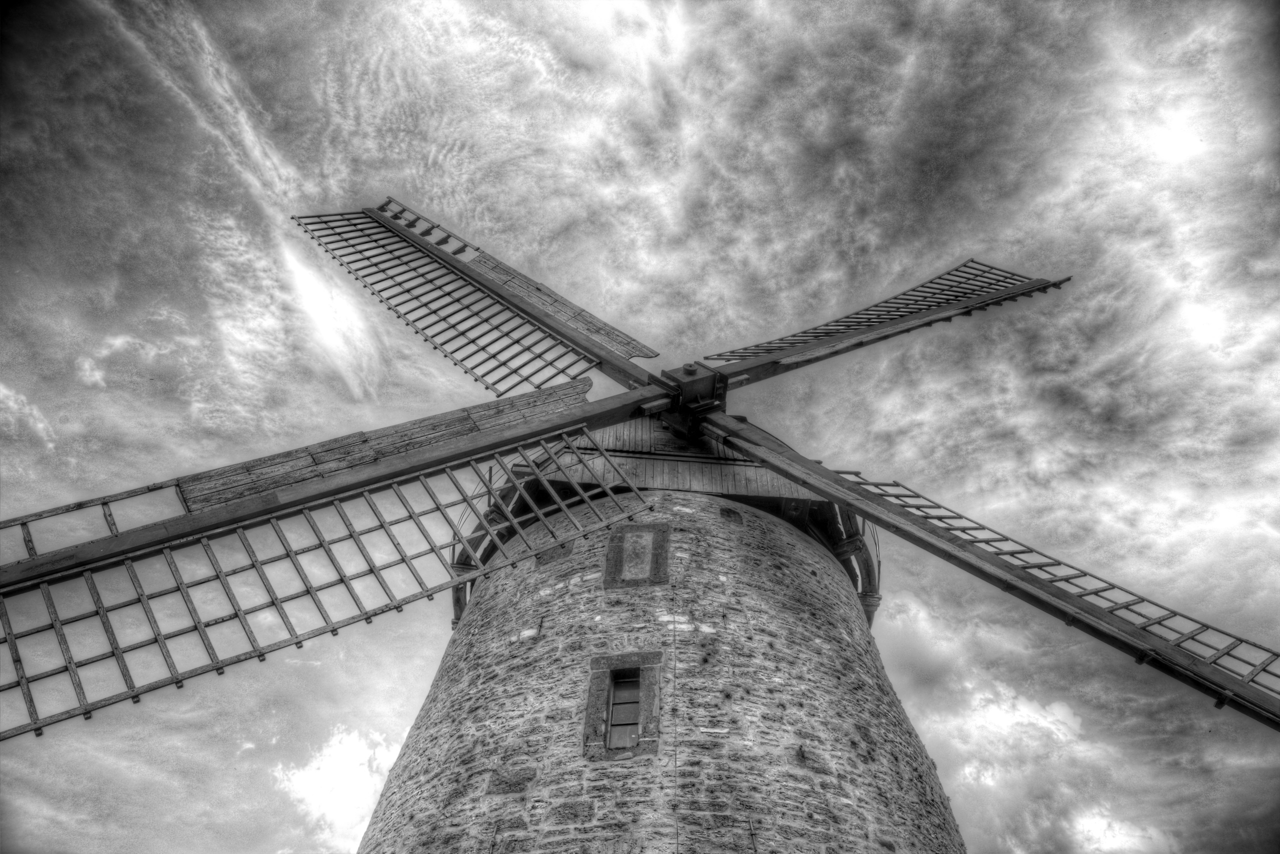 Download Close Up Cloud Black And White Man Made Windmill Hd Wallpaper