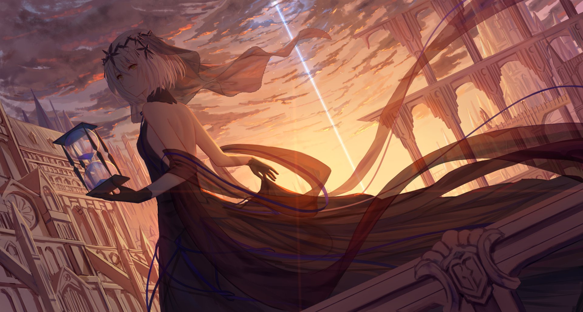 Anime-style HD desktop wallpaper depicting a blonde, short-haired figure with yellow eyes and a veil, holding an hourglass and wearing gloves against a dramatic sunset backdrop.