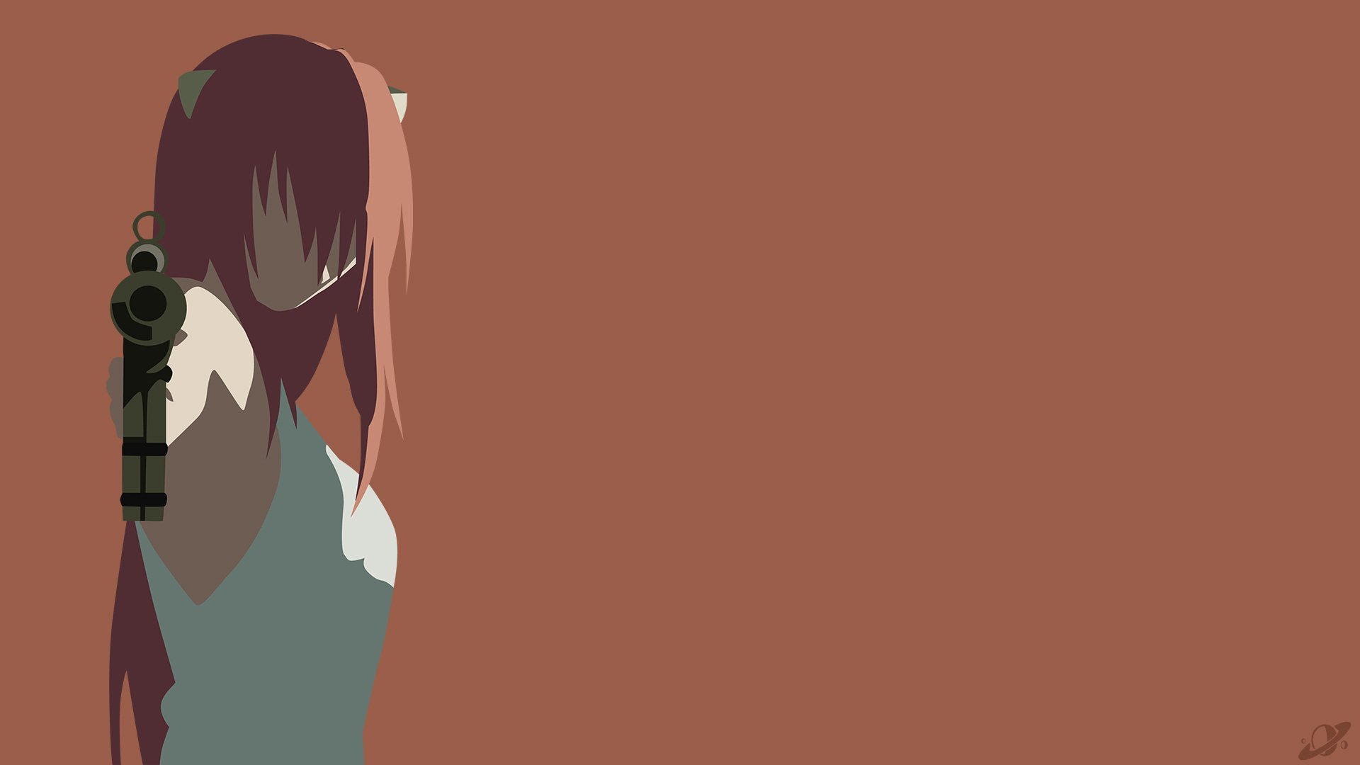 Minimalist HD anime wallpaper featuring Lucy from Elfen Lied with red hair, animal ears, and a gun pointed forward against a plain brown background.