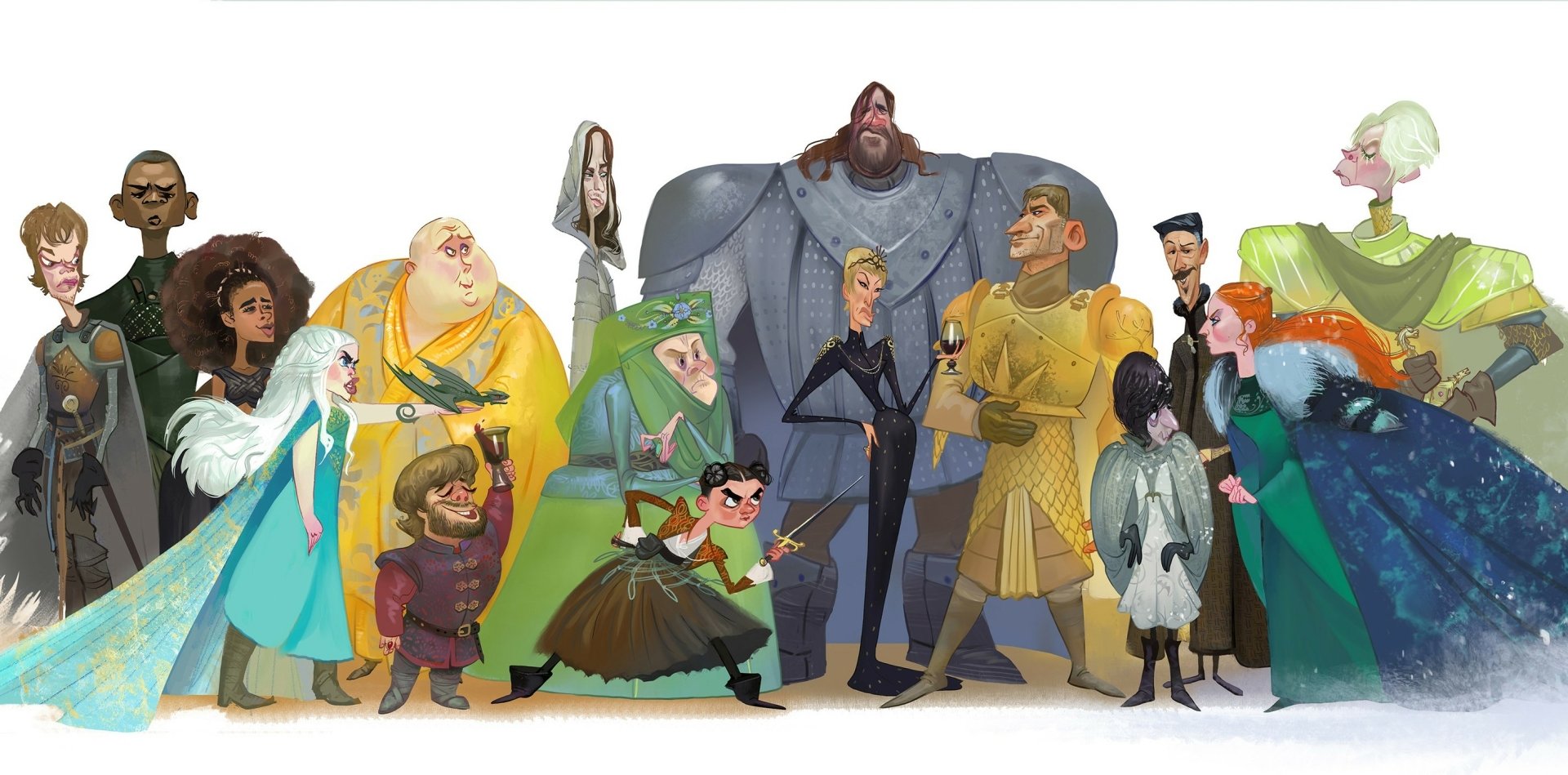 HD PC desktop wallpaper: stylized group portrait with Missandei (TV show Game of Thrones) alongside other Game of Thrones characters in a colorful animated fantasy style.