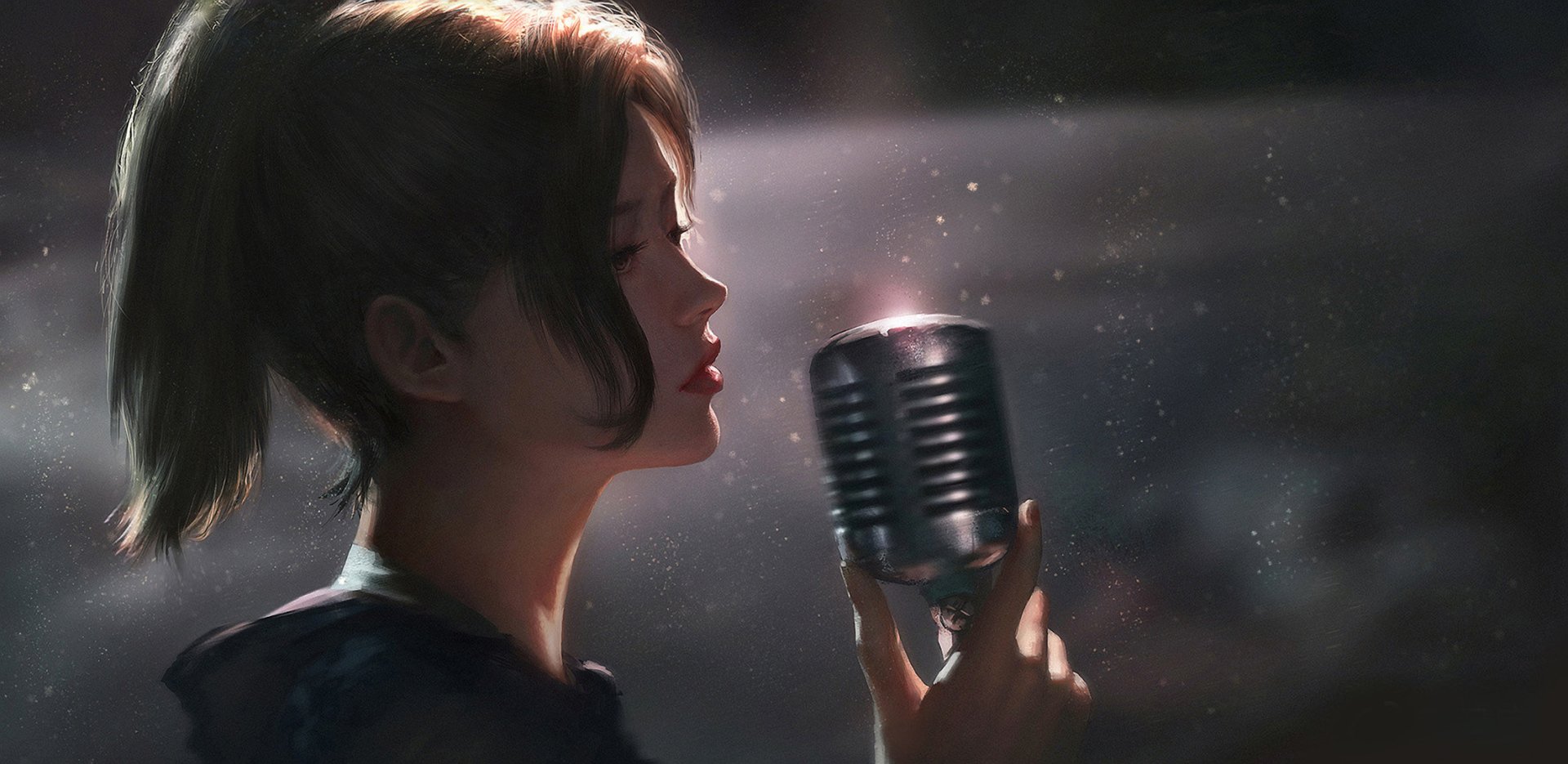 HD anime-style original artwork of a young woman singing passionately into a vintage microphone, designed as a detailed PC desktop wallpaper and background.