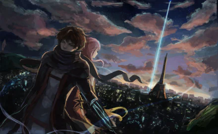 8K Ultra HD anime wallpaper featuring Shu Ouma and Inori Yuzuriha from Guilty Crown overlooking a cityscape with a dramatic sunset sky.