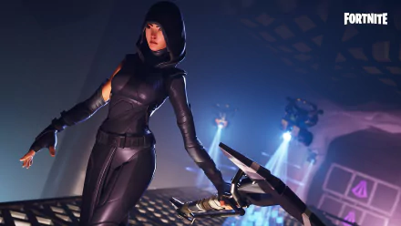 A female character in a sleek ninja outfit wielding dual swords, set against a vibrant backdrop of a futuristic concert in Fortnite Battle Royale, serves as an engaging HD desktop wallpaper.