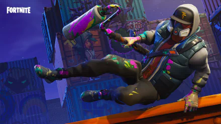 HD desktop wallpaper featuring a Fortnite character in colorful attire and mask, wielding a paint roller, amidst a vibrant, graffiti-covered urban background.