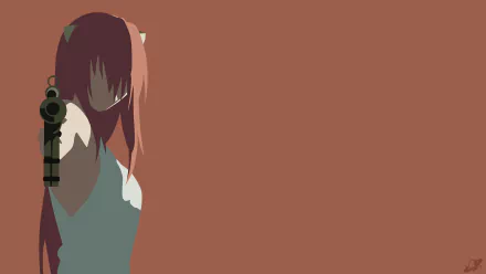 Minimalist HD anime wallpaper featuring Lucy from Elfen Lied with red hair, animal ears, and a gun pointed forward against a plain brown background.