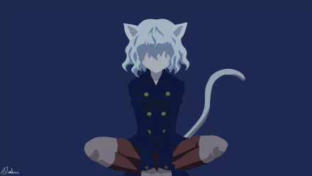 Minimalist HD wallpaper of Neferpitou from Hunter × Hunter, featuring the character with grey hair, animal ears, and a tail, sitting cross-legged against a dark blue background.
