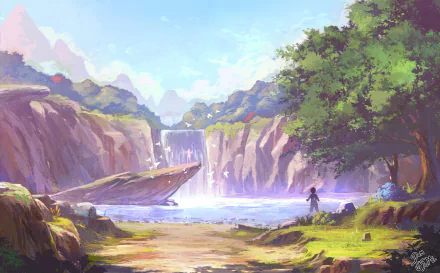 HD anime wallpaper featuring a serene nature scene with a waterfall cascading into a lake, surrounded by lush greenery and mountains under a bright sky.