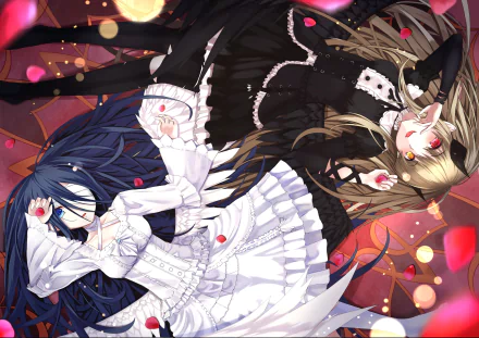 Anime-style 4K wallpaper featuring two original characters with long hair, pointed ears, heterochromia, horns, bandages, and bows, one with blonde hair and the other with black hair.