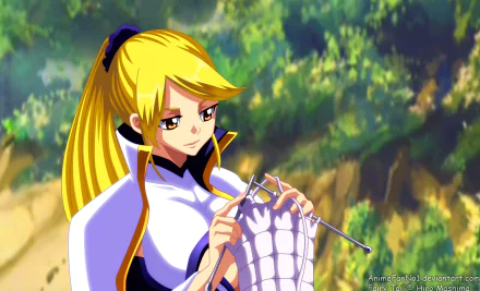 HD desktop wallpaper of Anna Heartfilia from the anime Fairy Tail, depicted knitting outdoors with a serene forest background.