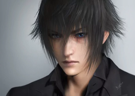 Close-up 4K Ultra HD PC wallpaper of Noctis Lucis Caelum from the video game Final Fantasy XV, featuring detailed, lifelike character art and intense expression.
