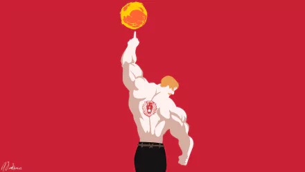 HD wallpaper of Escanor from The Seven Deadly Sins anime, featuring him in a minimalist style with a blond tattoo, lifting a glowing sun against a red background.
