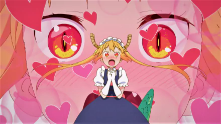 HD anime desktop wallpaper featuring Tohru from Miss Kobayashi's Dragon Maid with vibrant hearts and expressive eyes in the background.