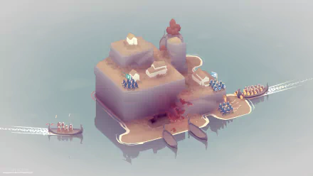 HD desktop wallpaper of Bad North game, featuring soldiers defending an island against incoming Viking invaders.